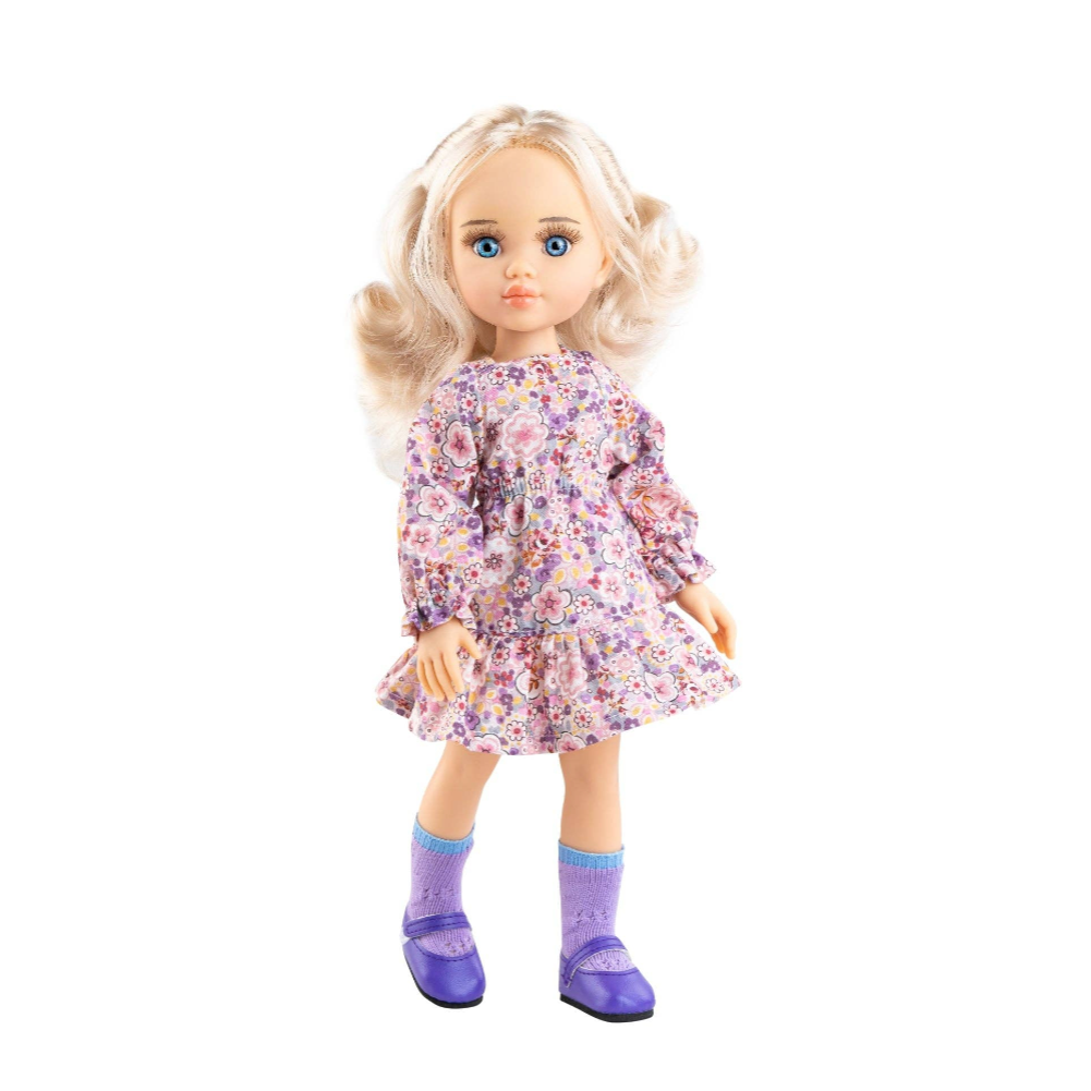 Puppe Clara – Blumenkleid und lila Socken